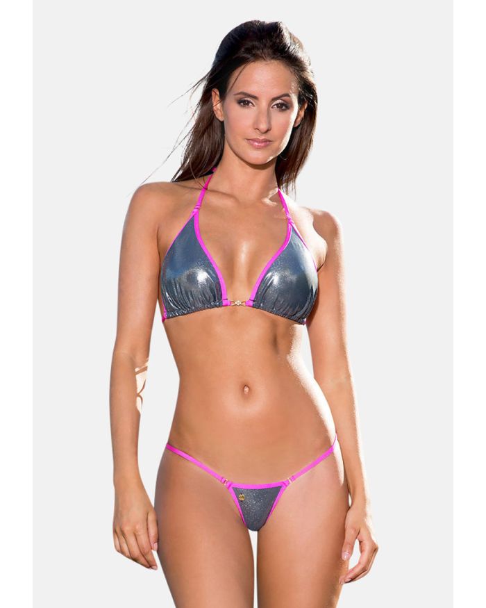 Mini maillot de bain string bikini anthracite fuchsia métallisé Palm beach